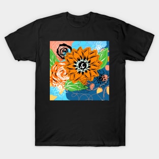 Cheerful All Over Bright Orange Flower Print T-Shirt